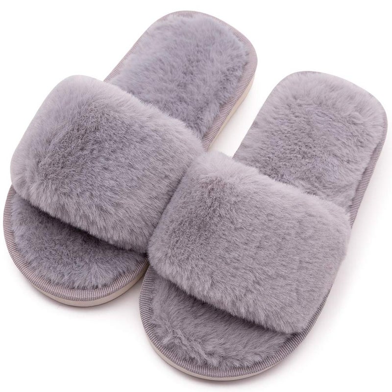 techcity Boys Girls Fuzzy House Slippers Cute Comfy Faux Fur Slip On Fluffy Plush Open Toe Home Slides for Kids Indoor Outdoor Warm Shoes (Grey, numeric_13_point_5) - Image 1
